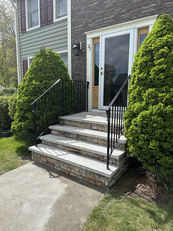 Black iron handrails on granite steps with stone risers, framed by evergreen shrubs